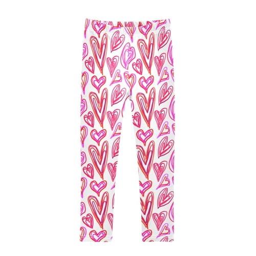 Pink and Red Doodle Hearts Girls Leggings,Workout Leggings for Girls Toddler Athletic Leggings Size for 3-10T