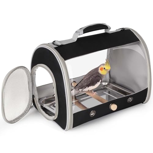 Bird Carrier, Portable Small Bird Cockatiel Conure Parrot Parakeet Carrier with Standing Perch and Stainless Steel Tray, Side Access Window Collapsible (Black, Cylinder Design – Clear)