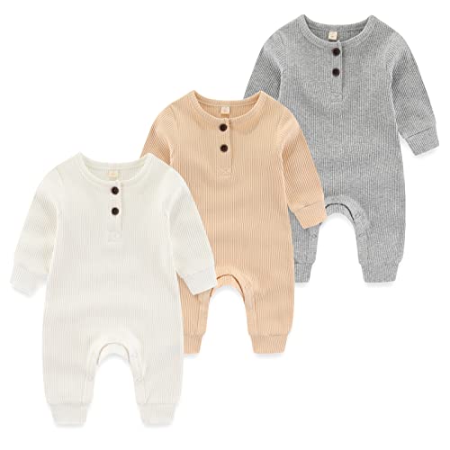 MAMIMAKA Mameluco de algodón para recién nacido, sin pies, pijama para bebés de 0 a 18 meses, paquete de 3, Juego de tres piezas-1, 1 mes