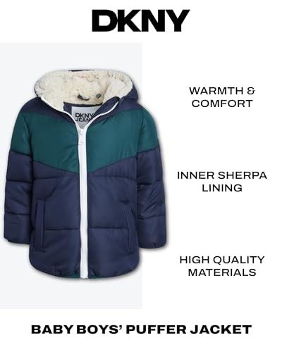 DKNY Baby Infant Boys' Puffer Jacket - Toddler Puffer Coat Full Zip Up Sherpa Lined Quilted Hooded Jacket (Sizes: 12M-4T)2