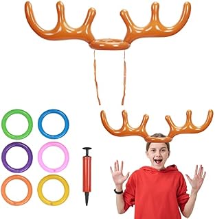 ZERHOK Inflatable Reindeer Antler Hat, Christmas Inflate Toss Toy Antler Target Game with 6pcs Throwing Rings for Kids Adults Indoor Outdoor Garden Game Gift Xmas Party Supplies