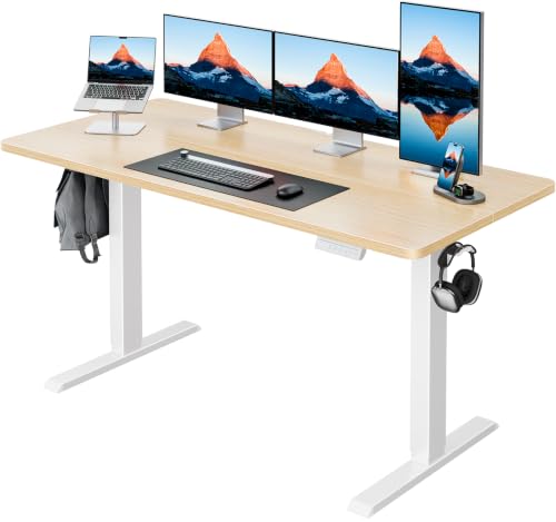 Image of HUANUO Electric Standing Desk,53 inch x 28 inch Height Adjustable Desk, 4 Memory Height Settings, Sit to Stand Up Desk for Home Office, with Headphone Hook, Cable Manager, Natural