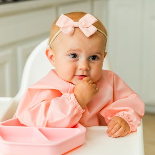 Image of Tiny Twinkle Long Sleeve Bib for Babies & Toddlers | 2-Pack Waterproof Smock Bib for Eating | Machine Washable & Mess-Proof Feeding Essentials | Newborn Shower Gift (Peach Terracotta,6-24M)