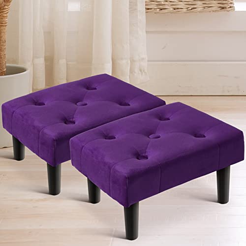 Image of HOUCHICS Small Footstool Ottoman, Velvet Wooden Foot Stool Ottoman with Wood Legs, Sofa Footrest Extra Seating for Living Room Entryway Office(Purple 2PACK)