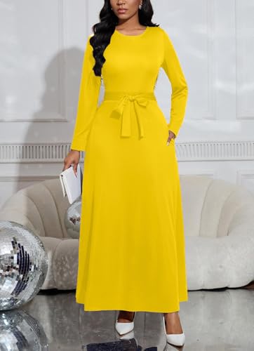 Image of BubFee Long Dress for Women Casual Long Sleeve Dresses Maxi Dress Empire Waist Loose with Belt