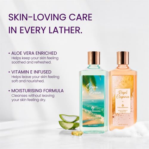 Image of Bath & Blossoms Ocean Breeze & Regal Elegance | Duo Shower Gel Collection | Fresh Aquatic meets Sweet Amber | 2 x 260 ml | Aloe Vera & Vitamin E | Vegan & Paraben Free | Premium Body Care | Luxury Gifting