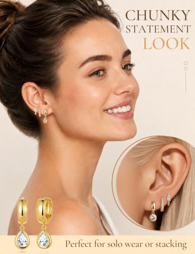 GEORGE-SMITH Trendy 3 Pairs Gold Earrings for Women Small Chunky CZ Hoops - image 7