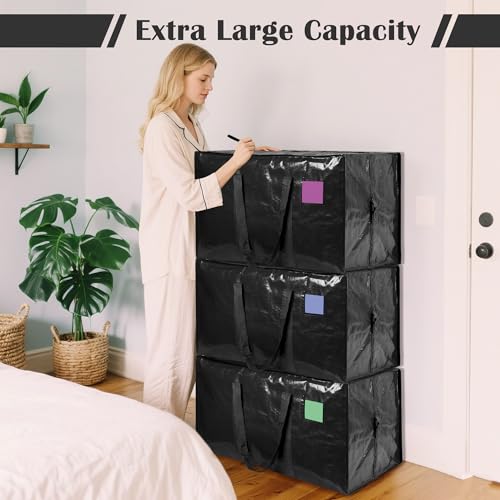 Image of 12 Pack Moving Bags with Full-Open Side Zipper, Extra Large 93L Heavy Duty Waterproof Foldable Storage Totes for College Dorm, Moving & Home Organization Black