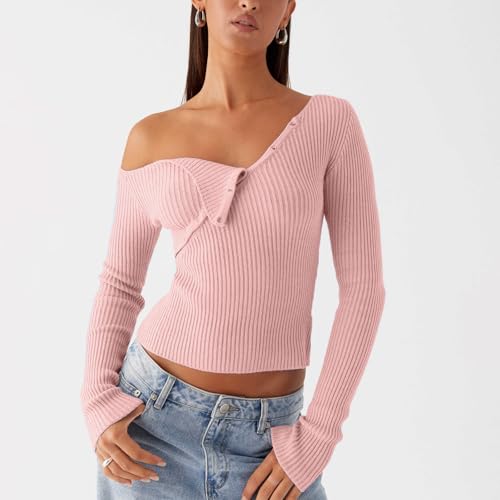 Image of Women Off Shoulder Long Sleeve Sweater Y2K Ribbed Knit Pullover Solid Crop Top Going Out Boat Neck Blouse