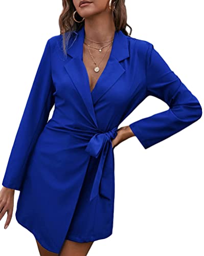 Tomwell Damen Maxikleid Blazer Kleid Elegant Büro Minikleid Anzugkleid Mode V-Ausschnitt Knopf Anzugjacke Freizeitkleid Blusekleid mit Gürtel...