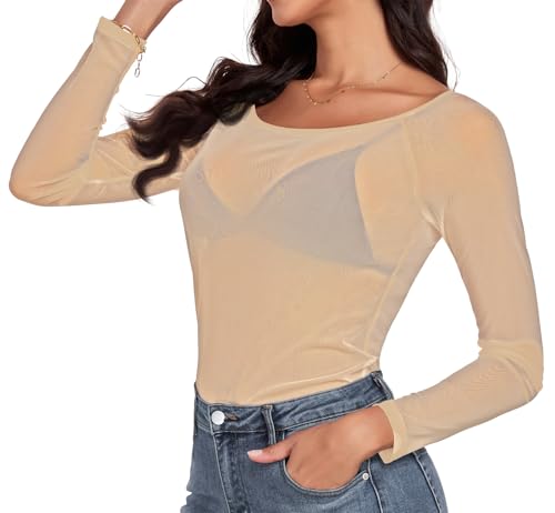 Women Mesh Tops Sheer Shirt Long Sleeves T-Shirt Clubwear Party Sexy Tees, Nude, X-Large