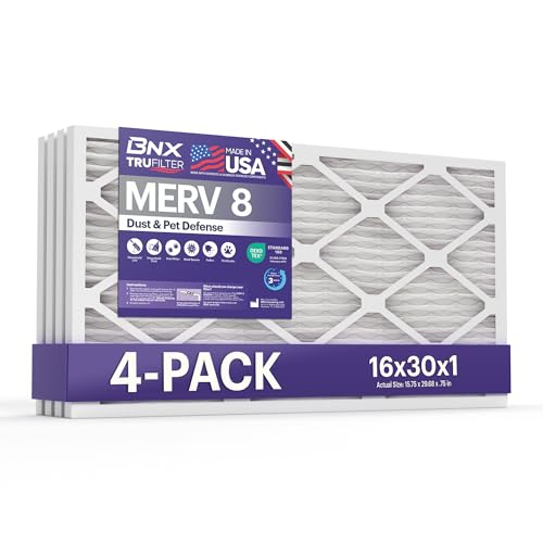 Image of BNX TruFilter 16x30x1 Air Filter MERV 8 (4-Pack) - MADE IN USA - Dust & Pet Defense Electrostatic Pleated Air Conditioner HVAC AC Furnace Filters for Dust, Pet, Mold, Pollen MPR 600 - 700 & FPR 5