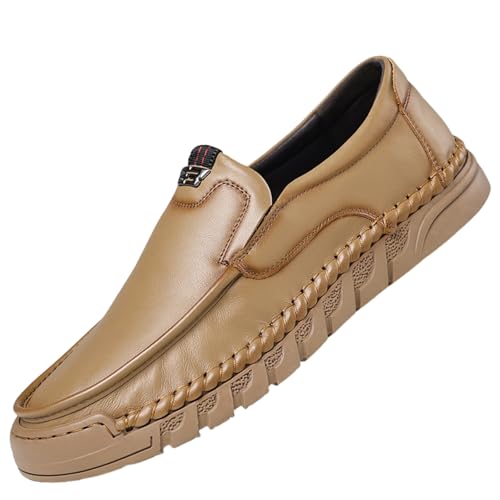Men's Hand Stitching Soft Leather Slip On Flats Loafers Casual Round Toe Non-Slip Outdoor Driving Walking Daily Boat Shoes