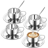 Lyksgir 4 Pack Stainless Steel Coffee Cup Set, 6oz Insulated Espresso Cups with Spoon and Saucer, Stainless Steel Double Walled Coffee Mugs for Latte, Cappuccino, Tea, Milk