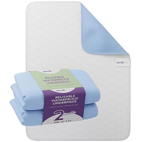 Image of Incontinence Bed Pads - 2 Pack 34"x 52" Reusable Waterproof Mattress Protectors - Highly Absorbent, Machine Washable - for Children, Pets and Seniors - Blue - Royal Care