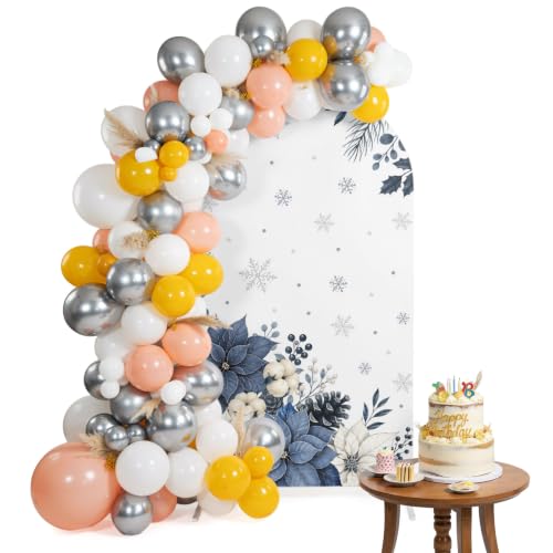 Minimalist Winter Arch Backdrop Cover 4 ft Modern Blue White Poinsettia Bouquet 2 Sided Wedding Arch Covers Stretchy Backdrop Round Top for Birthday, Party, Baby Shower Decorations