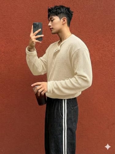 Image of Men's Textured Fabric Solid Half-Open Collar T-Shirt | Full Sleeve, Casual Shirt