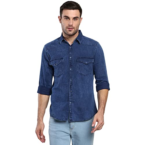 Image of Dennis Lingo Men's Solid Slim Fit Cotton Casual Shirt with Spread Collar & Full Sleeves