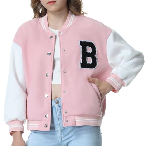 EXARUS Girls Varsity Jacket Kids Tweed Letterman Jackets Baseball Outerwear Stripe Trim Contrast Sleeve School Coats