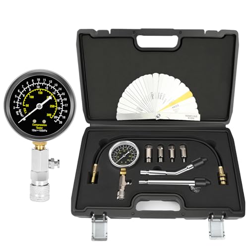 BETOOLL 9pcs Petrol Engine Cylinder Compression Tester Kit with Spark Plug Gap Tool 32 Blades Steel Feeler Gauge 300PSI Engine Cylinder Compression Gauge Automotive Tool
