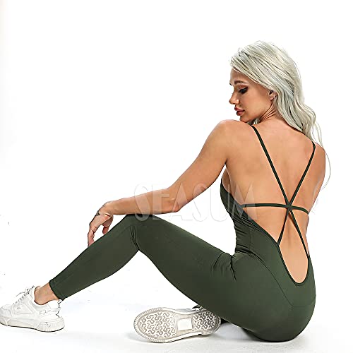 Seasum Women Yoga Jumpsuit Backless One Piece Workout Catsuit Bodysuit Sleeveless Textured Gym Bodycon Romper L #TOP2
