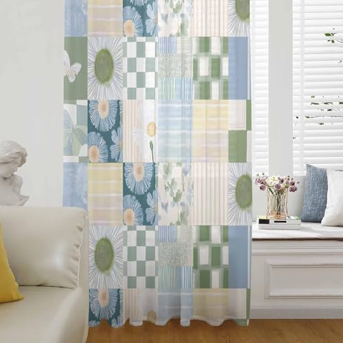 Spring Floral Checkered Sheer Curtains 108 Inches Long, Sage Green