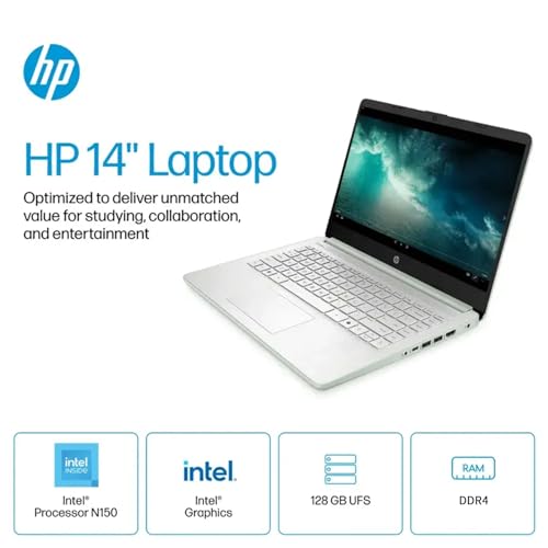 Image of HP 14 inch HD Student Business Laptop, Intel Quad-Core N150, 16GB RAM, 384GB Storage, (128GB UFS+256GB SD Card), 1 Year Office 365, Slim Design, Webcam, HDMI, Bluetooth, WiFi, Win 11 S, Willow Green