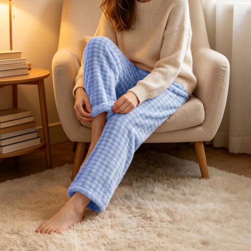 Pajama Pants Women Fleece Plaid Wide Leg Lounge Bottoms - image 3