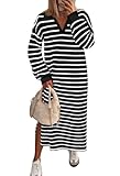 MEROKEETY Women's 2024 Fall Long Sleeve Striped Dress V Neck Collared Side Slit Casual Maxi Dresses, Black, S