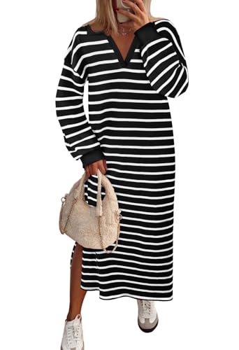 MEROKEETY Women's 2024 Fall Long Sleeve Striped Dress V Neck Collared Side Slit Casual Maxi Dresses