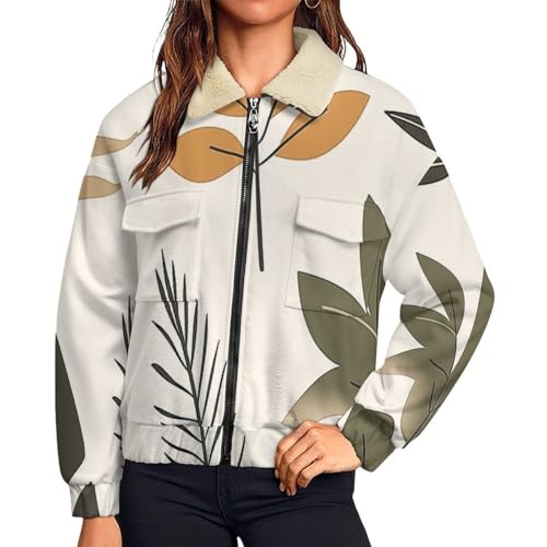 Manteau en peluche femme épais imprimé feuilles géométriques coupe courte col revers