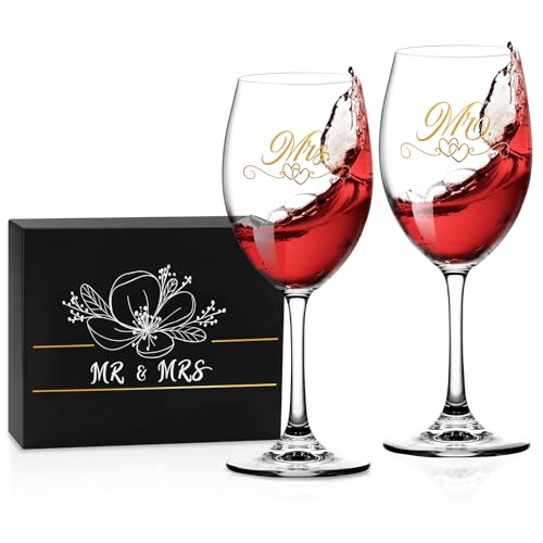 Hanmsen Bridal Shower Gifts Wedding Gifts Engagement Gift for Couples Newlyweds,Mr and Mrs Wine Glass Set,Wedding Glasses for Bride and Groom