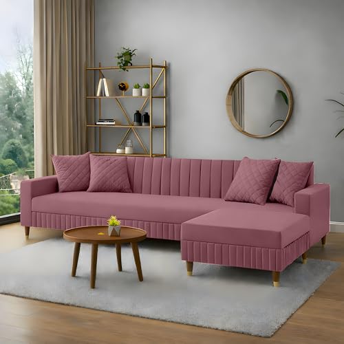 Image of AMATA Omega 4 Seater L Shape Mauve Colour Suede Velvet Fabric Sofa Set with Four Cushions Perfect for Home Office Guests Living Room (03 Move, Omega L Shape 4 SSEATER)(3 Year Warranty)