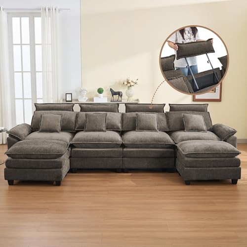 Image of 134'' Cloud Modern 4 Seater Couch with Detachable Headrest, Modular Sectional Sofa with 2 Ottomant, Oversized U Shape Chenille Comfy Sofa with Armrests for Living Room, Brown