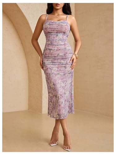 Image of Milumia Women's Elegant Floral Ruched Spaghetti Straps Cami Dress Fishtail Bodycon Midi Dresses