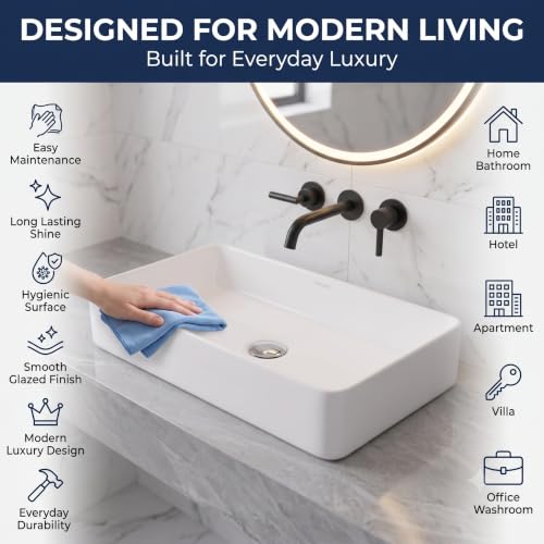 Image of OSOSAM Countertop Ceramic Wash Basin for Bathroom | Glossy White Rectangle Vessel Sink | Modern Table Top Vanity Basin for Home & Hotel | 24 x 14 x 5 Inch