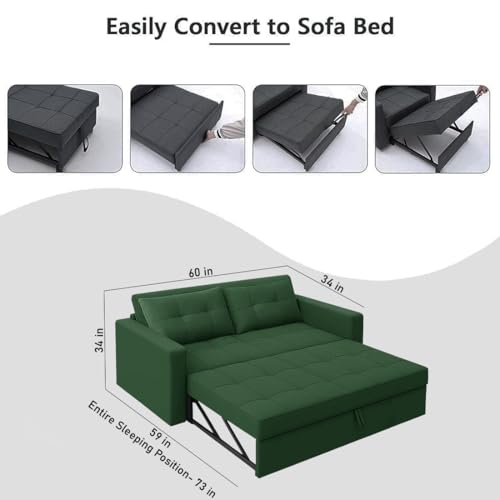 Image of CASASTYLE Trissa 2 Seater Pull-Out Premium Fabric Sofa Cum Bed Sofa Set for Living Room (Green Fabric)