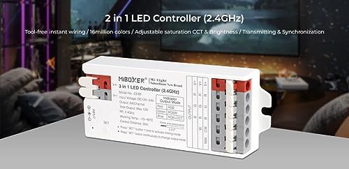 LIGHTEU®, Milight Miboxer Controlador LED 3 en 1 (2,4 GHz) RGB RGBW Controlador de tira LED RGBCCT DC12V/24V Compatible con DMX512, PWM de alta/baja frecuencia, 4x E3-RF + FUT092 - imagen 2