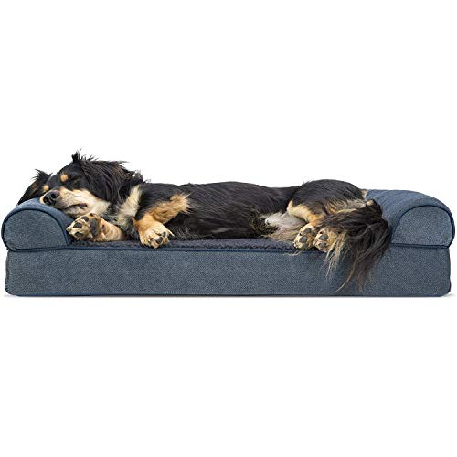Image of Furhaven Orthopedic Dog Bed for Medium /Small Dogs w / Removable Bolsters & Washable Cover, For Dogs Up to 35 lbs - Sherpa & Chenille Sofa - Orion Blue, Medium
