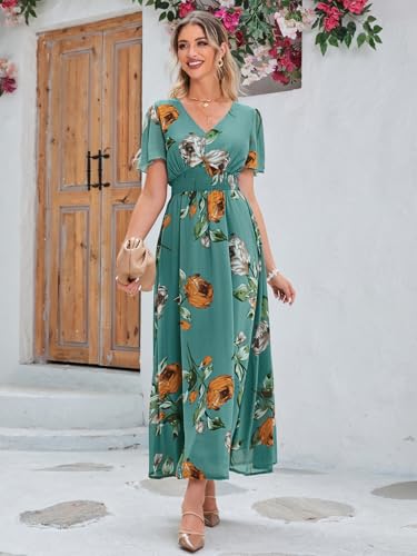 Image of Simplee Women's Boho Floral Maxi Dress Flowy Casual V Neck Short Sleeve Wedding Guest Holiday Beach Long Dress