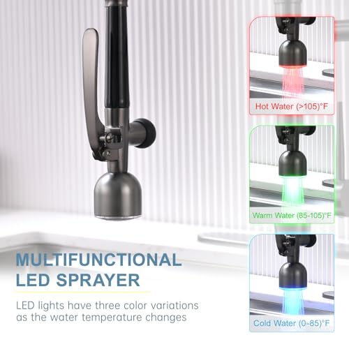 Image of GIMILI Black Stainless Kitchen Faucet with LED Single Handle Kitchen Sink Faucet with Pull Down Sprayer Commercial Double-Headed Stainless Steel Kitchen Faucets Sink with Deck Plate