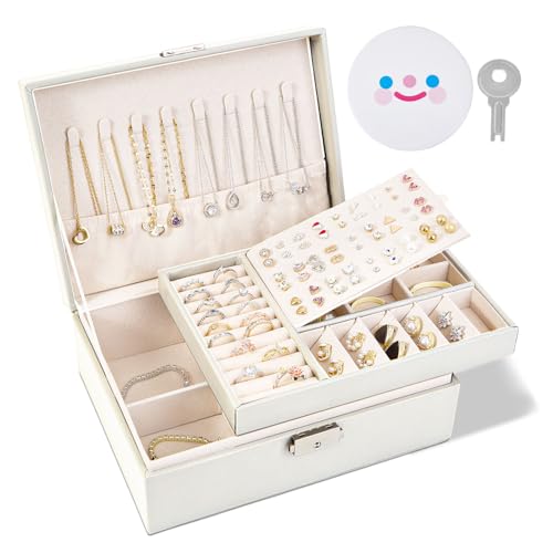 BULLA Jewellery Box, 2 Layer Jewellery Organiser with Lock, Jewellery Box for Women with Removable Tray, Earring Box for Necklace Earrings Rings Bracelets (White) - Cosy Home Interiors BULLA Jewellery Box, 2 Layer Jewellery Organiser with Lock, Jewellery Box for Women with Removable Tray, Earring Box for Necklace Earrings Rings Bracelets (White)