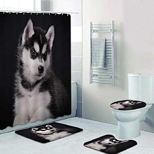 Duschvorhang Husky Animal Dog Badezimmerteppich 4-Teiliges Set, Duschvorhang 180x180 Polyester+Badematte rutschfeste…