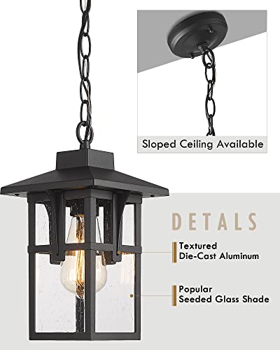 Outdoor Pendant Lights For Porch, Hwh Exterior Hanging Lantern, Farmhouse Outdoor Pendant Light For Gazebo, Seeded Glass Shade, Matte Black, Hx1H Bk (Large) #TOP2
