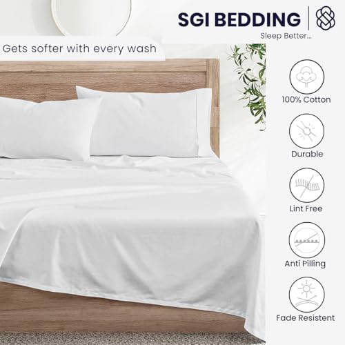 Image of SGI bedding Full Bed Sheets Set - Premium 600 TC Egyptian Cotton, Crisp & Cooling Sateen Weave, Extra Soft Hotel Collection, Fits Mattresses Up to 16 Inch Deep, Breathable & Long Lasting - White