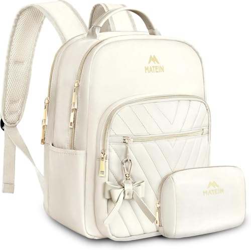 MATEIN Cute Backpacks for Women, Mini Stylish Daypack Purse, Waterproof Anti-theft Travel Casual Daily Rucksack Shoulder Handbag for Work College Dating, 2pcs Sets, Beige