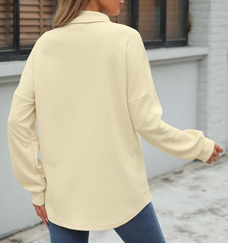 Image of ZAAYO Women Waffle Knit Tops Henley Shirts V Neck Long Sleeve Solid Color Casual Tunics Blouse