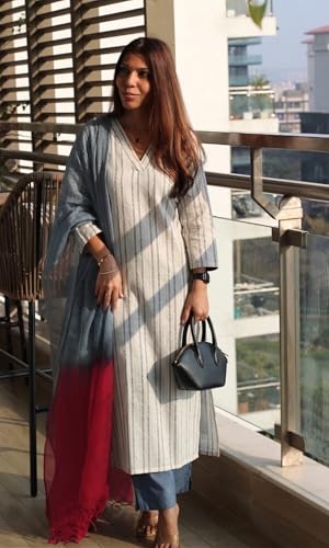 Image of GoSriKi Kurta Set for Women Viscose Printed | Kurti Set for Woman | Kurta Pant Dupatta 3 Piece Outfit | V Neck 3 /4 Sleeve Straight Fit Ethnic Dress Stylish Clothing