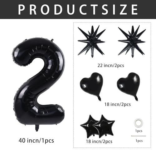 Image of TONIFUL 2nd Birthday Balloons Kit 40 Inch Black Large Number 2 Foil Balloon