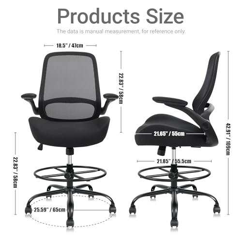Image of HYLONE 400lbs Big and Tall Heavy Duty Drafting Chair 5 inch Thickened Seat Tall Office Chair Flip-Up Armrests Ergonomic Chair with Lumbar Support and Adjustable Footrest Ring Standing Desk Chair (Black)